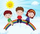 Happy kids sitting on rainbow 