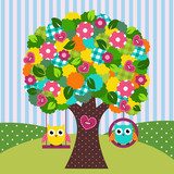 beautiful tree with owls on swings - vector illustration 