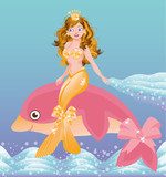 Young golden mermaid girl and pink dolphin, vector 