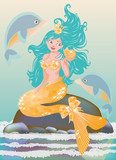 Young mermaid with golden seashell, vector 