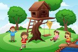 Kids playing around tree house 