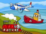 plane ship train cartoon illustration 