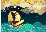 Cartoon stile ship sailing in the night 