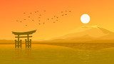 Flying birds against orange sunset ocer coast Japanese gate (Tor 