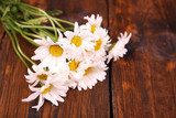 Beautiful bouquet of daisies on wooden background 