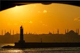 Istanbul silhouette. Blue Mosque and Hagia Sophia at sunset. 