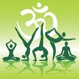 Yoga positions silhouettes on green background 