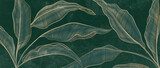 Abstract luxury art dark background with tropical palm leaves in golden line style. Botanical banner for wallpaper, decor, print, poster, textile, packaging, interior design.