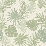Abstract tropical foliage background in pastel olive green colors. Palm leaves in line art, grunge silhouette seamless pattern. Vector tropics illustration for swimwear design, wallpaper, textile