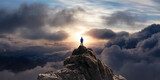 Adventurous Man Standing on top of Mountain Cliff. Exteme Adventure Composite
