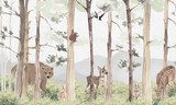 Aged Wildlife Wall Mural: Faded Brown Bear, Deer, Trees & Abstract Forest Scene