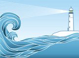Blue seascape horizon. Vector illustration with lighthous