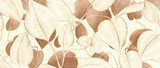 Botanical art background with brown and white leaves and gold line art elements. A natural pattern for wallpaper, banners, textiles, packaging, prints, and interior design.