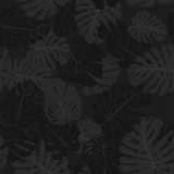 Camouflage monstera leaves, seamless tropical pattern. Black branches and foliage. Exotic camo background. Monochrome texture wallpaper. Fabric print, textile design. Vector