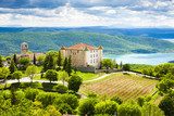 chateau and church in Aiguines and St Croix Lake at background,