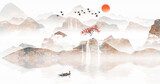 China's traditional Chinese painting ink in the mountains. hand drawn watercolor mountain landscape. Watercolor forest winter landscapes.