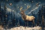 enchanted forest mural with shimmering gold accents on deep indigo background majestic stag soaring birds and intricate pine trees create a magical winter scene