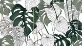 Floral seamless pattern, green, black and white split-leaf Philodendron plant with vines on white background, pastel vintage theme