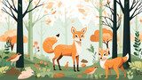 Group of forest animals in a forest, 2d flat vector illustration, cartoon.