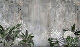 Grunge wallpaper with tropical leafs and plants on concrete background. Design for wallpaper, photo wallpaper, fresco, mural and other, Generative AI