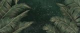 Luxury dark art background with palm leaves in golden line style hand drawn. Botanical tropical banner for decor, print, textile, packaging, interior design, cover, poster.