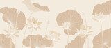 Luxury vector background with lotus flower, leaves and buds. Elegant floral wallpaper in minimalistic linear style.
