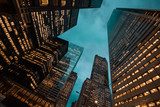 night view of Toronto city skyscrapers; look up;