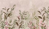 Photo wallpapers for walls. Beautiful leaves on a beige background. A mural for a room. Painted grass.