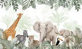 Playful Animal Kingdom Mural: African Wildlife & Tucan in Earthy Tropical Scene