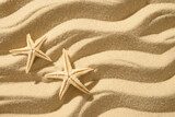 Sandy beach background with starfishes. Top view. Copy space. Banner. Backdrop for mockups. Summer vacation.