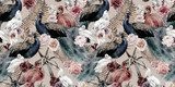 Seamless floral pattern with birds, watercolor.