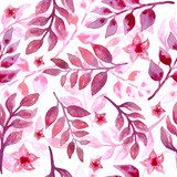 seamless hand drawn watercolor multi-layered pattern with vibrant intense bright colors on white isolated background purple violet lilac lavender pink florals leaf flower branch for textile wallpaper