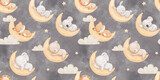 Seamless pattern with baby animals sleeping on moon, watercolor illustrations. Cute elephant, bear and fox, repeating design for nursery