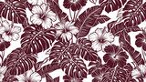 Seamless tropical pattern with burgundy monstera leaves and hibiscus flowers on a white background. Vector exotic foliage backdrop.