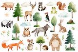 Set of hand drawn wild forest animals and trees. Watercolor woodland animals. Fox, wolf, mouse, reindeer, bunny.
