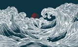 Stylized white line art waves crash under a red sun on a dark background. Hand drawn Japanese-inspired ocean illustration with traditional Ukiyo-e aesthetic.