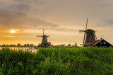 Traditional Dutch Windmills at Sunset
