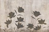 Vintage floral wall art with dark flower silhouettes, rustic textured background in beige and brown tones, elegant botanical wallpaper design