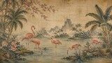 Vintage tropical flamingo landscape in antique fresco painting style