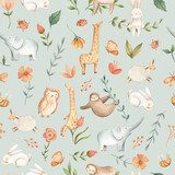 Watercolor baby animals for nursery  seamless pattern illustration green