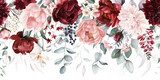 Watercolor floral seamless border green leaves, burgundy maroon pink peach blush white flowers leaf branches. Wedding invitations, greetings wallpapers, fashion, prints. Eucalyptus, olive, rose, peony