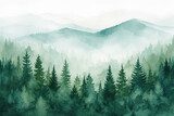 Watercolor forest hill landscape background. Beautiful watercolor nature landscape with forest, trees, nature and sky. Watercolor illustration design elements for landscape background and wallpaper.