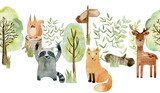 Watercolor forest wildlife seamless border with animals. Cute cartoon characters.