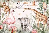 Watercolor illustration of African Animals: elephant and monkey, cockatoo, wild parrot and giraffe, flamingo isolated white background. Safari savannah animals.