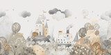 Watercolor landscape, hills, trees, sea, boat. Wallpaper for children's room.