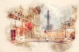Watercolor painting of Eiffel Tower in Paris, France