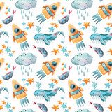 Watercolor spase and sky rocket  seamless pattern for fabric, print, textile design, scrapbook paper, wrapping paper, wallpaper. Hand painted cute nursery illustrations