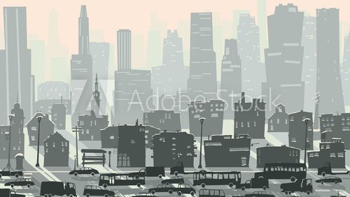Abstract childish illustration of big city with cars.