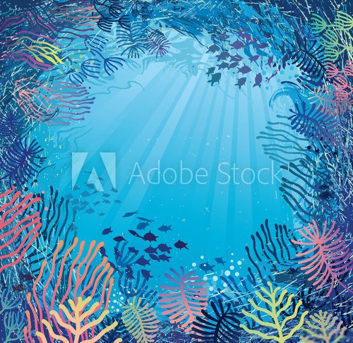 Underwater in daylight. Illustration of sea plants and fish