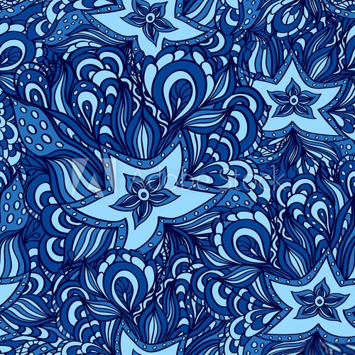 Seamless pattern with doodle starfishes in dark blue